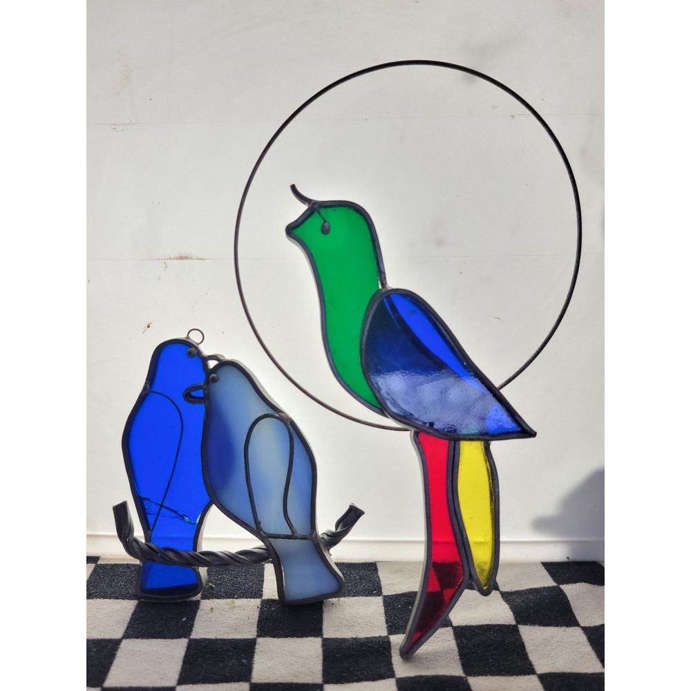 Stained Glass Bird Suncatcher Lot Handmade Window Hanging Decor 2pc